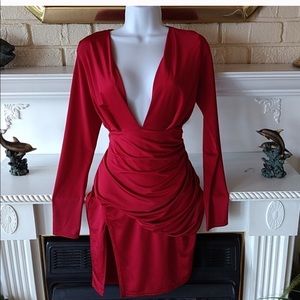 Nwt Red silk plunge dress